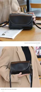 Vintage genuine leather shoulder bag for women, elegant flap crossbody bag with metal hardware.