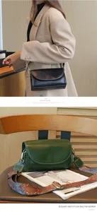 Classic genuine leather women's shoulder bag with retro flap design and stylish wide strap.