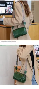 Retro green leather crossbody bag for women with ethnic wide strap and stylish design.