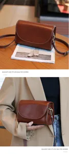 Retro leather crossbody bag detail, elegant contrast stitching and premium hardware style.