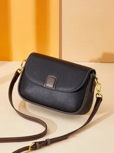 Women's Genuine Cowhide Leather Crossbody Bag Vintage Contrast Color Small Square Shoulder Bag Casual Daily Handbag
