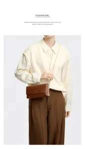 Minimalist brown leather shoulder bag for women, chic rectangular crossbody bag with chain.