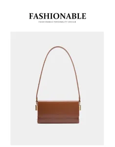 Brown leather underarm shoulder bag detail showing exquisite metal hardware and smooth finish.