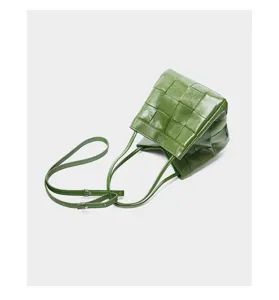 Green woven leather bucket bag women casual handbag top handle crossbody bag stylish purse