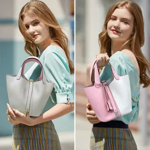 Genuine leather bucket handbag, top layer cowhide tote bag for women, stylish daily purse.