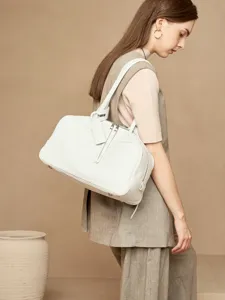 Women large capacity white leather Boston bag shoulder commuter handbag stylish daily purse