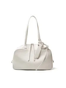 Minimalist off-white leather shoulder bag, stylish top handle bowling handbag for women daily commuting.