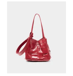 Red woven leather handbag detail, top layer cowhide bucket shoulder bag for women.