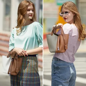 Genuine leather bucket handbag for women, two-tone top handle tote bag stylish daily purse.