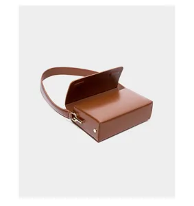 Brown leather minimalist shoulder bag, stylish structured box handbag for women commuting.