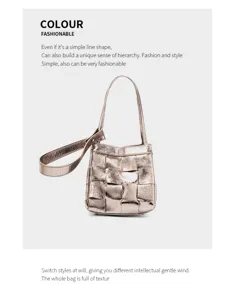 Detail shot of metallic woven leather shoulder bag showcasing exquisite craftsmanship and texture.