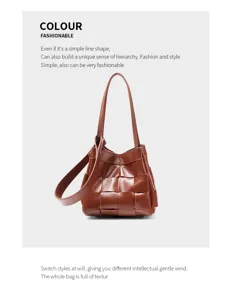 Detail view of brown woven leather shoulder bag, premium handcrafted texture for women.