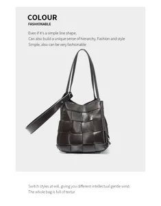 Genuine leather woven handbag, dark brown large capacity commuting shoulder bag, detailed view.