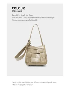 Woven leather handbag detail showing premium cowhide texture and elegant shoulder strap design.