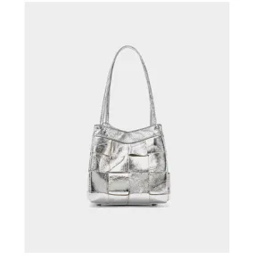 Metallic silver woven leather shoulder bag women large capacity commuting tote handbag.