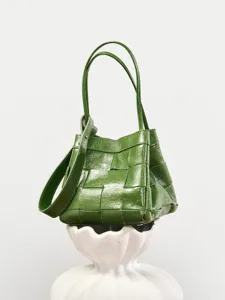 Women Genuine Leather Handbag Large Capacity Commuter Shoulder Bag Hand Woven Bucket Bag Casual Tote Bag Female