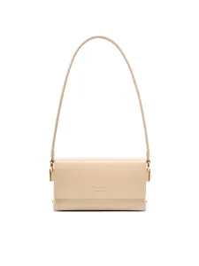 Minimalist beige leather shoulder bag for women, elegant daily commute handbag with metal hardware.
