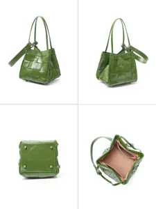Green woven leather bucket bag, top-layer cowhide tote with shoulder strap for women.