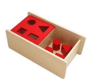 Montessori wooden shape sorter toy box with red geometric blocks for toddler early learning.