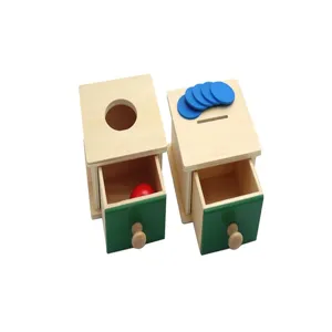 Montessori wooden ball and coin drop box toy detail view, early educational learning puzzle play.