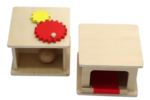 Montessori wooden educational toy detail, gear and ball puzzle for early childhood hand-eye training.