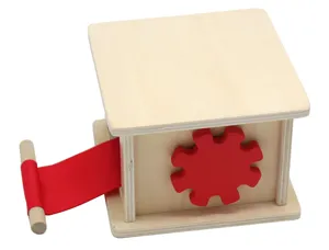 Wooden Montessori early education toy detail, pull ribbon and gear design for hand-eye training.
