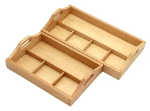 Wooden Montessori sorting tray with compartments for early education and toy storage.