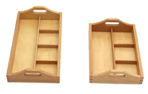 Wooden sorting tray detail showing multi-compartment design for early education toys.