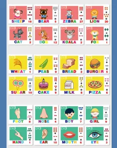 Detail view of educational flashcards featuring animals, food, and math learning for kids.