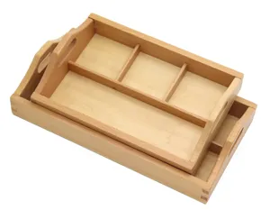 Wooden compartment sorting tray detail, natural beech material, multi-section toy organizer.