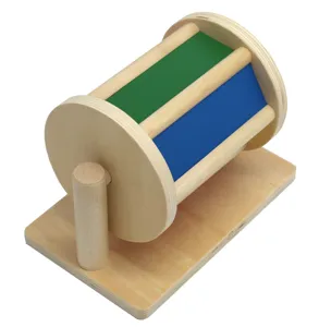Montessori wooden color drum toy detail, colorful spinning drum on wooden base, educational.