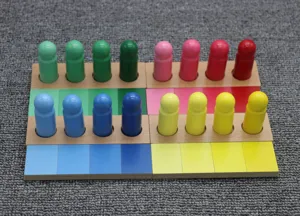 Detailed view of wooden Montessori color matching peg board set for early sensory learning.