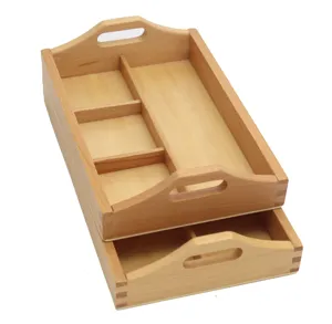 Wooden Montessori sorting tray infant early education teaching aids with handles and compartments.