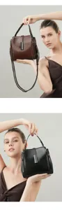 Elegant women's leather shoulder bag detail, minimalist top-handle design with adjustable strap.