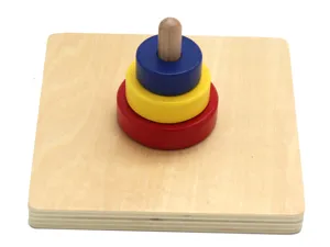 Detailaufnahme des Montessori Holz Steckspielzeugs mit bunten Ringen auf Holzbasis.