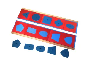 Detailed view of Montessori geometric inset boards with wooden stands and color shapes.