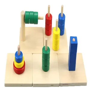 Montessori wooden educational toy for toddlers, colorful sorting and stacking shapes.