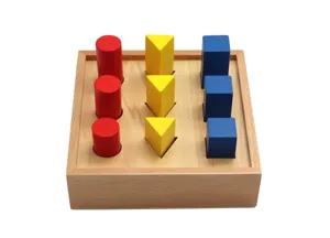 Wooden geometric shape sorting toy detail, children early learning Montessori cognitive block.