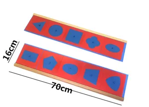 Detail view of Montessori metal geometric inset boards with wooden base and knobs, size 70x16cm.