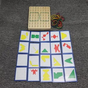 Wooden geoboard detail view showing geometric pattern cards and colorful rubber bands for kids.