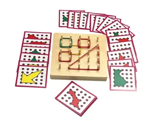 Wooden geoboard toy detail view showing peg board, colorful rubber bands and shape cards.
