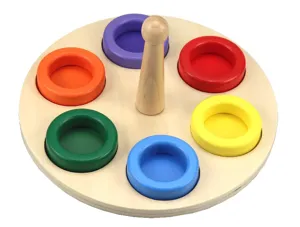 Wooden Montessori color sorting toy with base peg and colorful rings for early education.