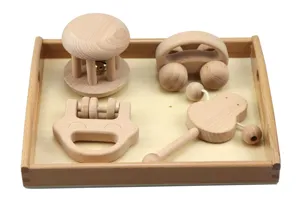 Natural wooden baby rattle and toy set for early education, safe and smooth teething toys.