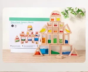 Wooden sensory blocks with liquid, sand and beads, Montessori educational toys for kids.