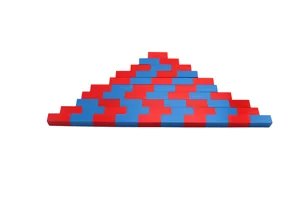 Detailed view of Montessori math number rods, red and blue wooden educational toys stacked.