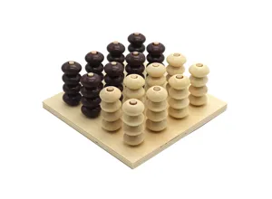 Detail view of wooden 3d four in a row game pieces showing natural texture and stackable design.