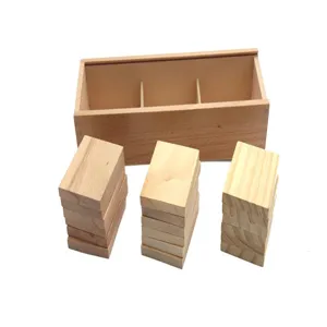 Montessori wooden weight tablets detail view, educational sensory toy for kids learning.