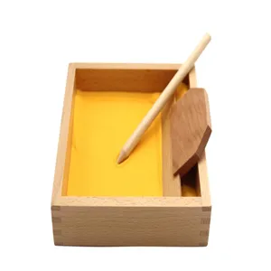 Montessori wooden sand writing box toy for early childhood education, detail view of wooden tray.