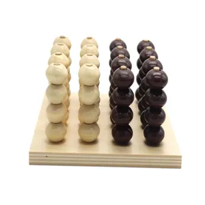 Close-up detail of 3D wooden gravity connect four logic game with dual-color beads and base.