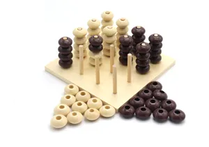 Wooden 3D Connect 4 board game, educational toy for kids, spatial logic reasoning strategy.